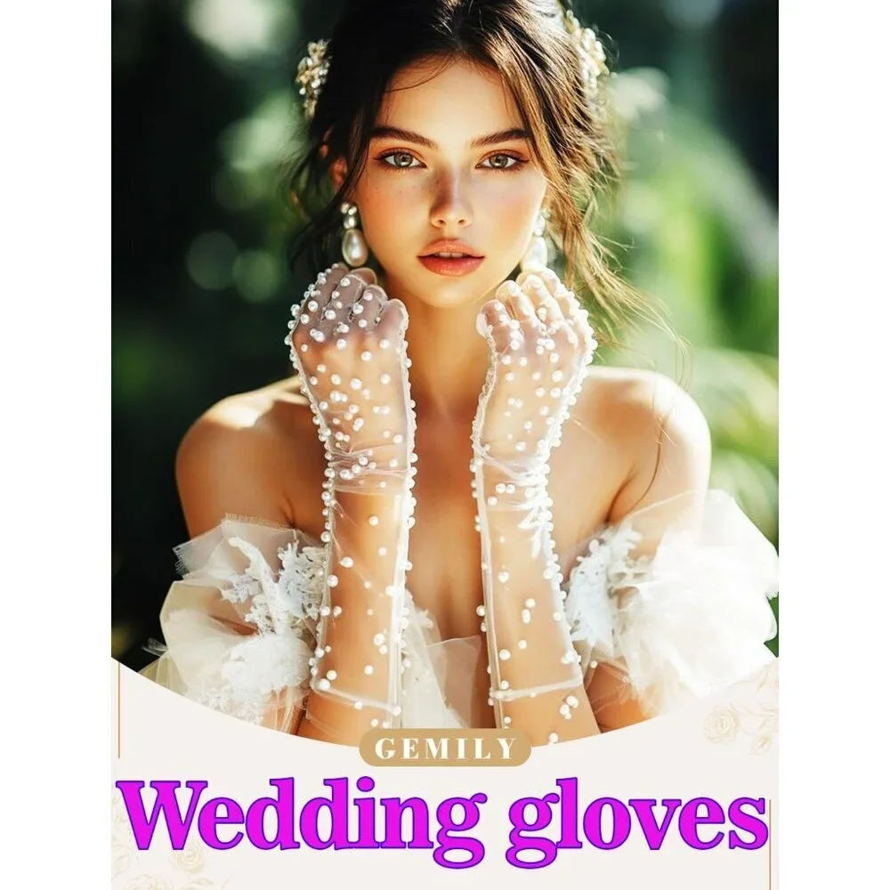 Women's White 100% Polyester Lace Sheer Fancy Wedding Combined Bridal Gloves